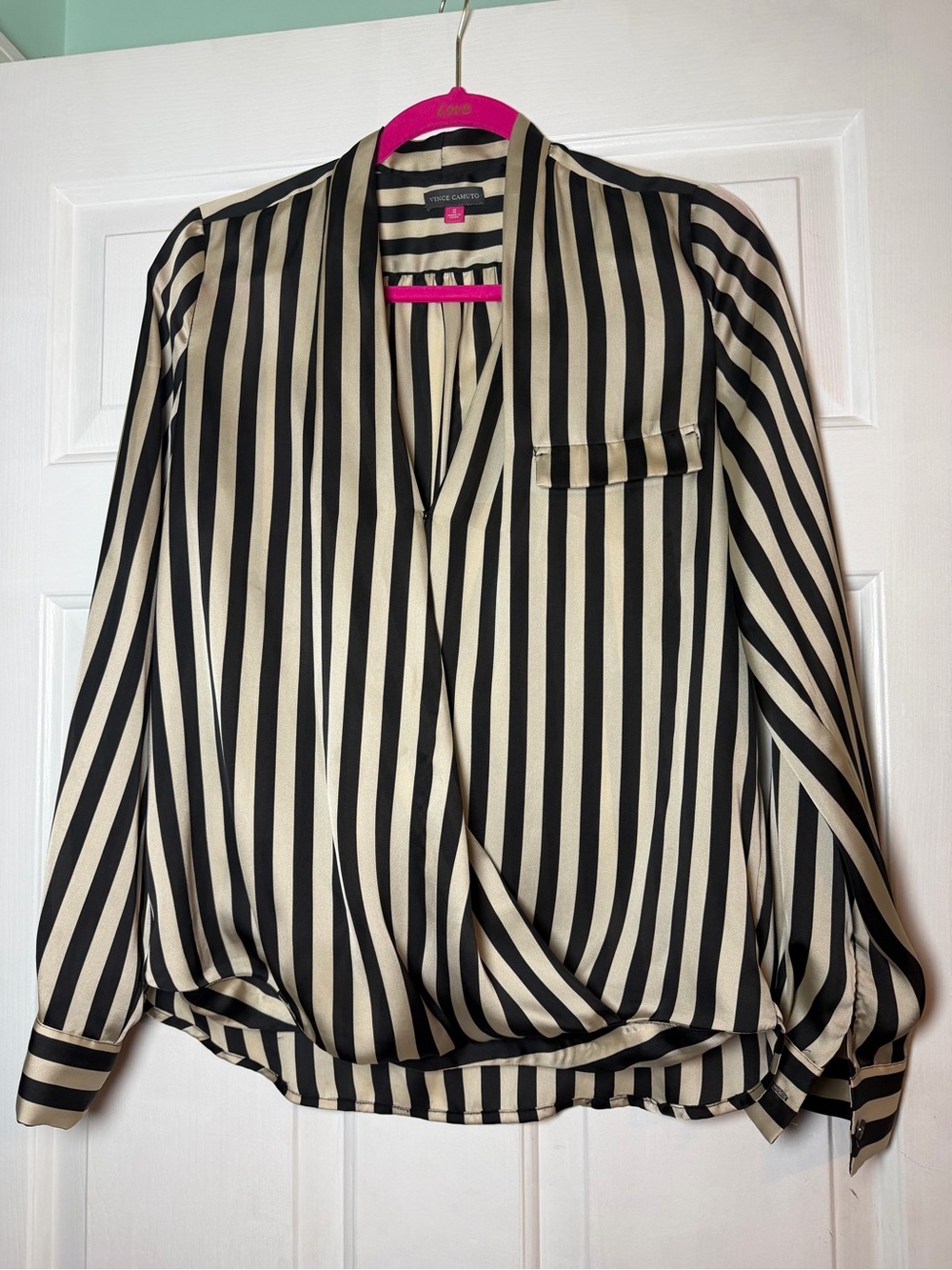Vince Camuto Black and Cream Vertical Stripe Wrap Blouse